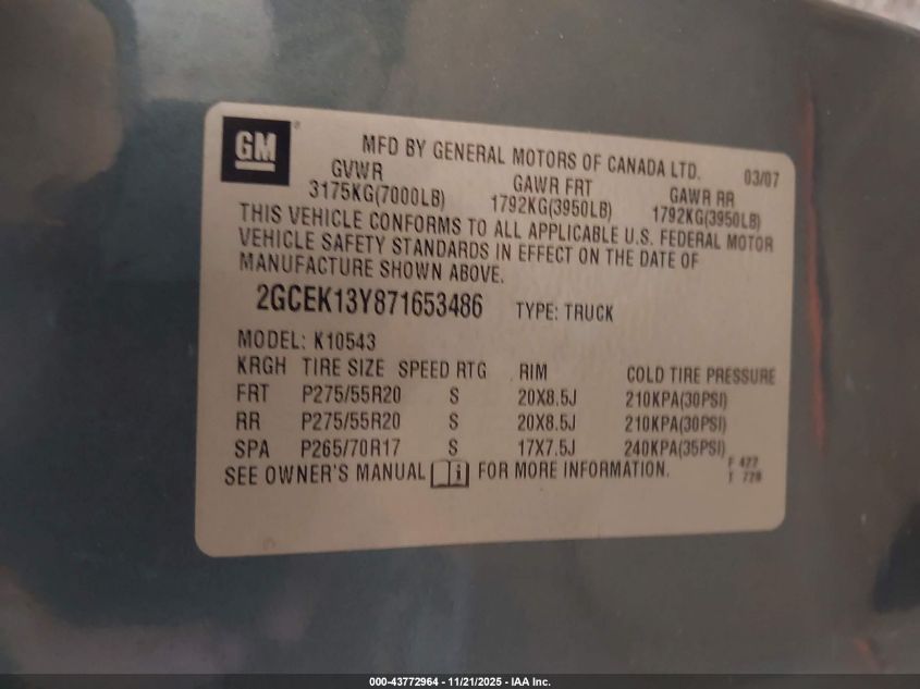 2007 Chevrolet Silverado 1500 Lt2 VIN: 2GCEK13Y871653486 Lot: 43772964