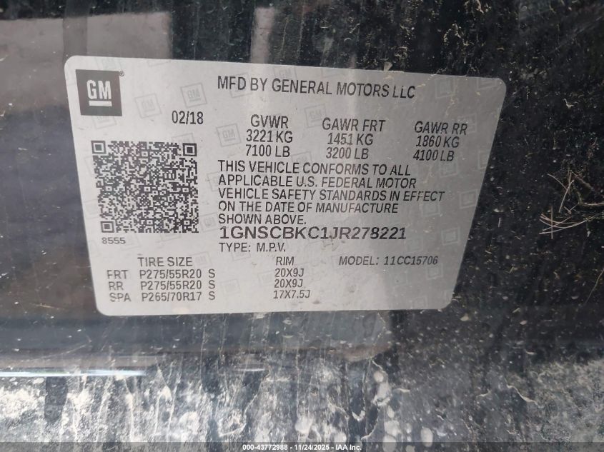 2018 Chevrolet Tahoe Lt VIN: 1GNSCBKC1JR278221 Lot: 43772988
