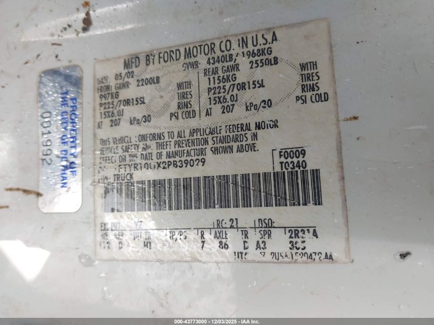 2002 Ford Ranger Edge/Xl/Xlt VIN: 1FTYR10UX2PB39029 Lot: 43773000