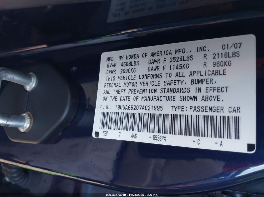 2007 Acura Tl 3.2 VIN: 19UUA66207A021995 Lot: 43773010