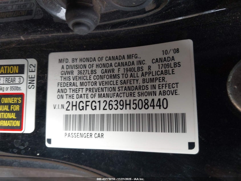 2HGFG12639H508440 2009 HONDA CIVIC photo no. 9