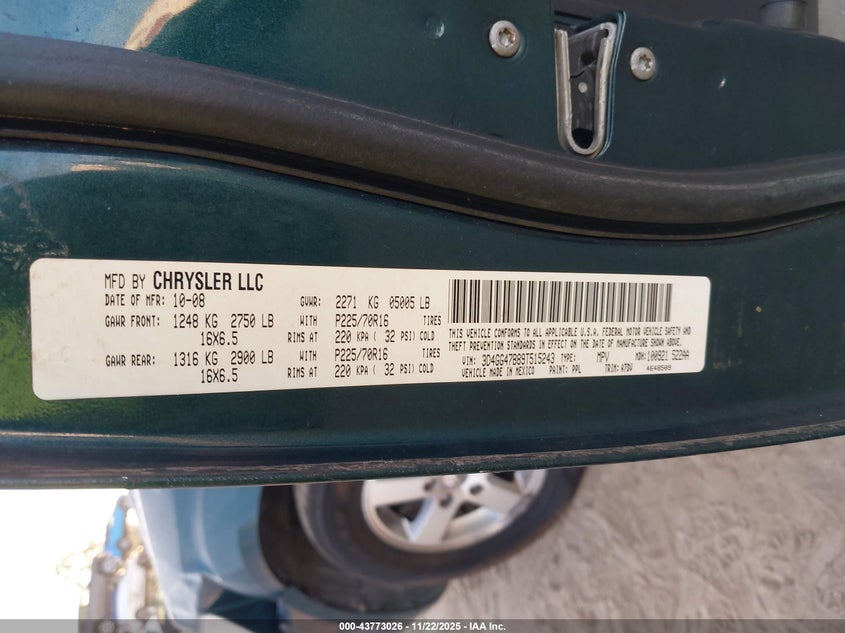 2009 Dodge Journey Se VIN: 3D4GG47B89T515243 Lot: 43773026