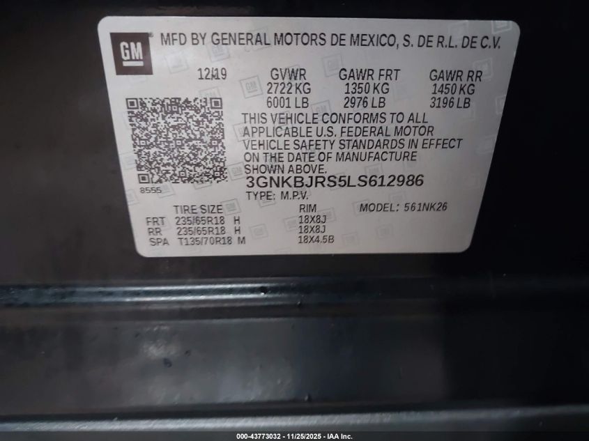 2020 Chevrolet Blazer Awd 3Lt VIN: 3GNKBJRS5LS612986 Lot: 43773032