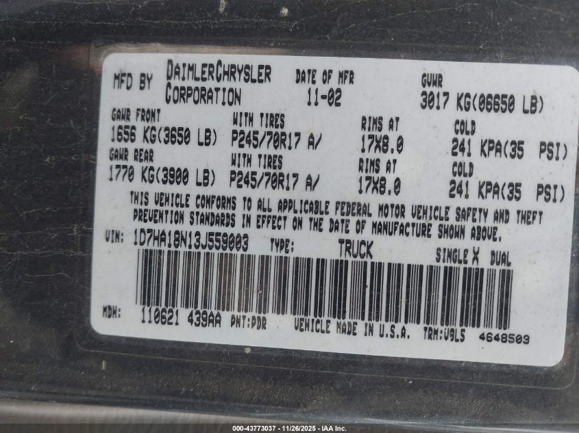 2003 Dodge Ram 1500 Slt/Laramie/St VIN: 1D7HA18N13J559003 Lot: 43773037