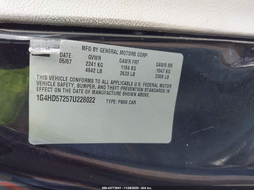 2007 Buick Lucerne Cxl VIN: 1G4HD57257U228022 Lot: 43773041