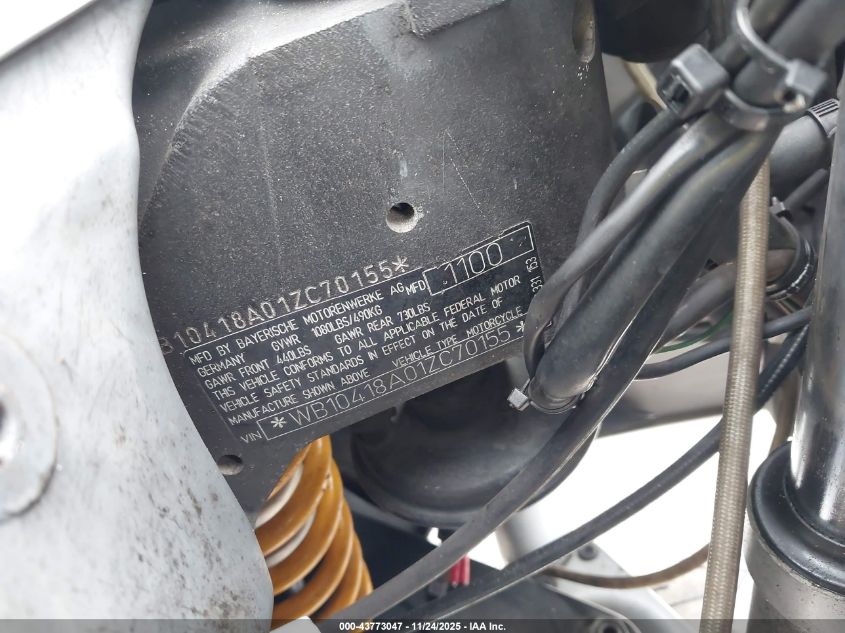 2001 BMW R1100 Rt VIN: WB10418A01ZT70155 Lot: 43773047