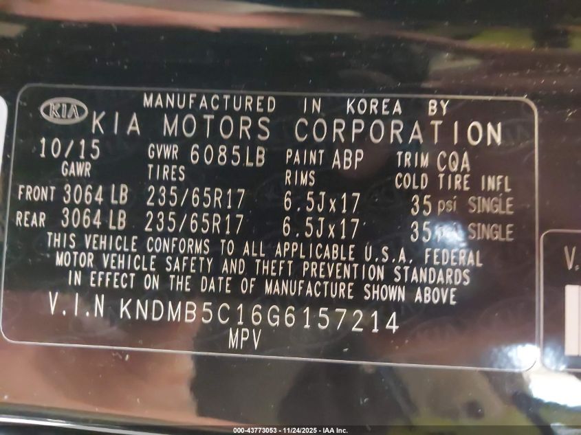 2016 Kia Sedona Lx VIN: KNDMB5C16G6157214 Lot: 43773053