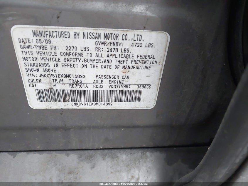 2009 Infiniti G37 Journey VIN: JNKCV61EX9M014892 Lot: 43773060