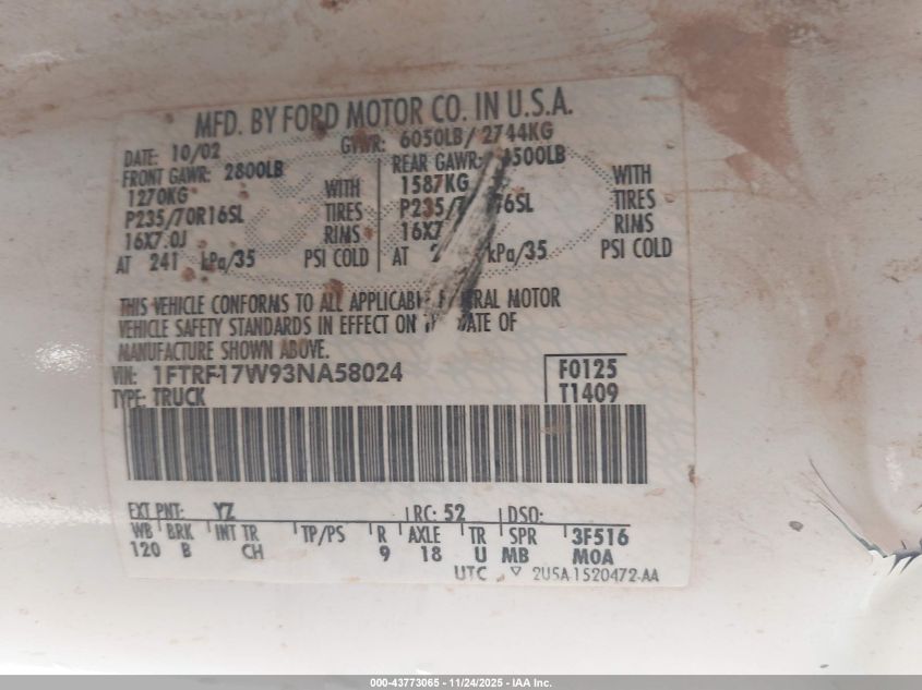 2003 Ford F-150 Xl/Xlt VIN: 1FTRF17W93NA58024 Lot: 43773065
