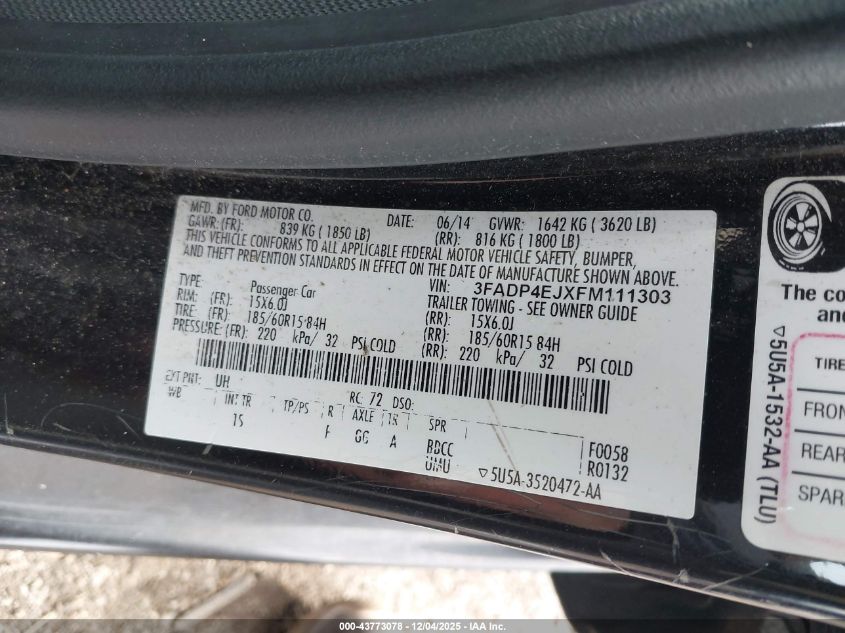 2015 Ford Fiesta Se VIN: 3FADP4EJXFM111303 Lot: 43773078