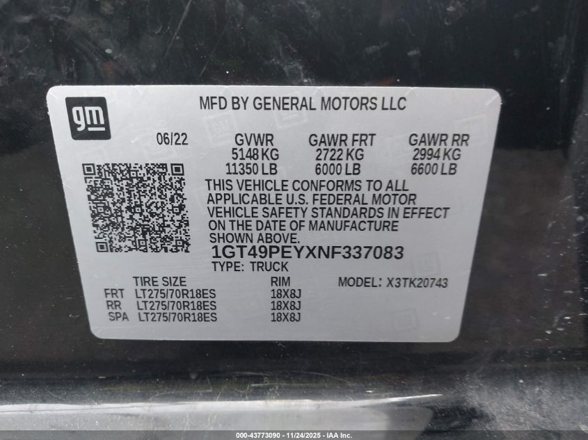 2022 GMC Sierra 2500Hd 4Wd Standard Bed At4 VIN: 1GT49PEYXNF337083 Lot: 43773090