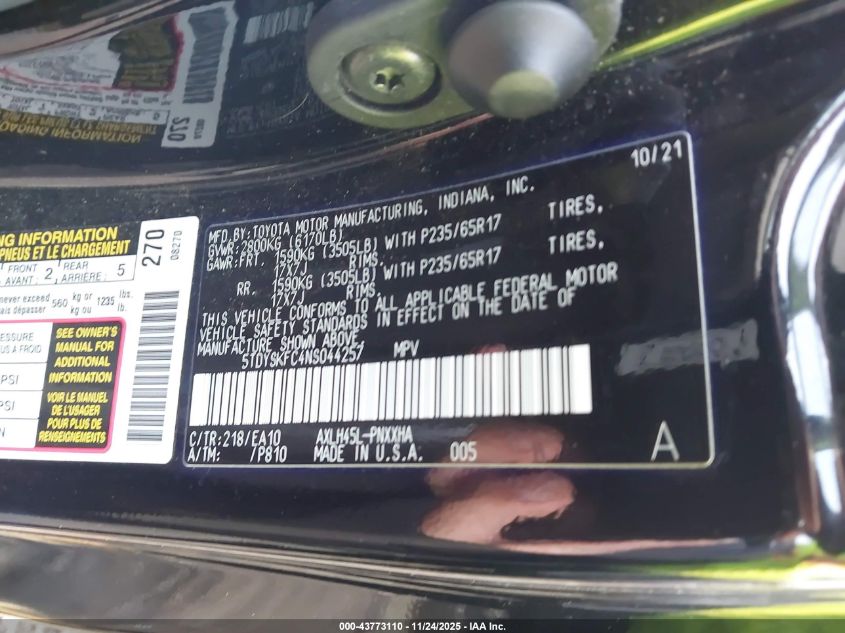 2022 Toyota Sienna Xle VIN: 5TDYSKFC4NS044257 Lot: 43773110