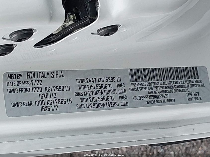 2022 Ram Promaster City Cargo Van VIN: ZFBHRFAB9N6X52427 Lot: 43773112