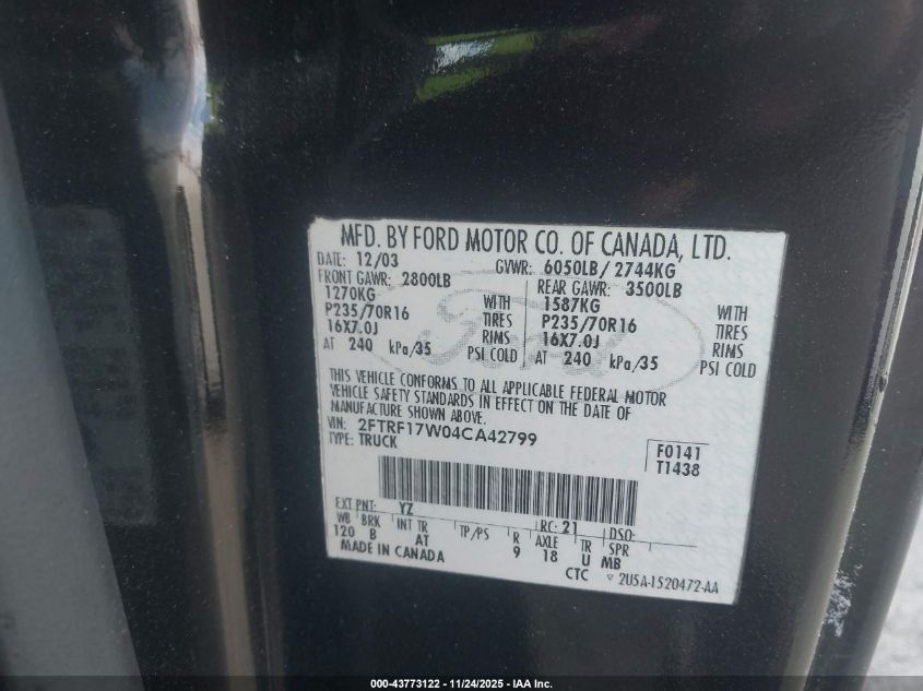 2004 Ford F-150 Heritage Xl/Xlt VIN: 2FTRF17W04CA42799 Lot: 43773122