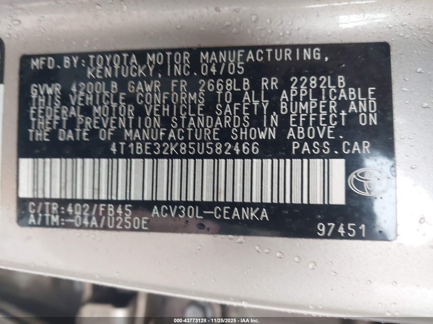 2005 Toyota Camry Std VIN: 4T1BE32K85U582466 Lot: 43773128