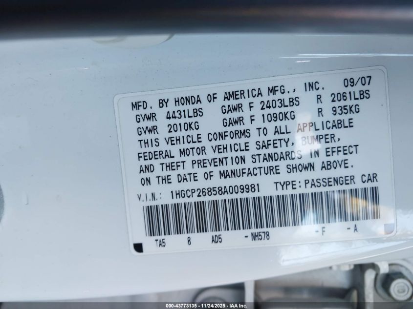 2008 Honda Accord 2.4 Ex-L VIN: 1HGCP26858A009981 Lot: 43773135