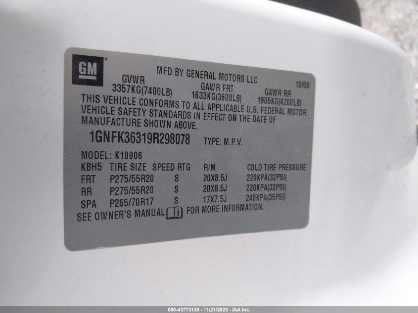 2009 Chevrolet Suburban 1500 Ltz VIN: 1GNFK36319R298078 Lot: 43773139