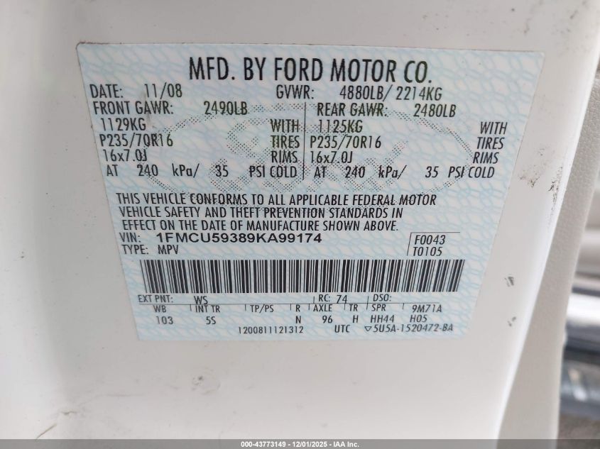 2009 Ford Escape Hybrid Limited VIN: 1FMCU59389KA99174 Lot: 43773149