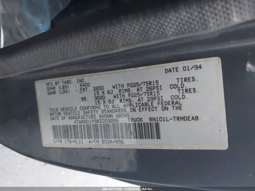 1994 Toyota Pickup 1/2 Ton Short Whlbse Dx VIN: 4TARN01P9RZ203266 Lot: 43773182