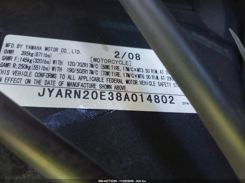 2008 Yamaha Yzfr1 VIN: JYARN20E38A014802 Lot: 43773229
