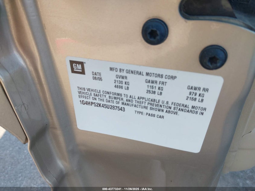 2005 Buick Lesabre Custom VIN: 1G4HP52K45U287543 Lot: 43773241