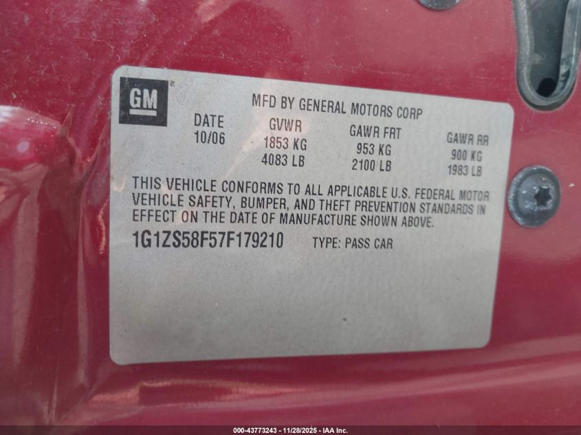 2007 Chevrolet Malibu Ls VIN: 1G1ZS58F57F179210 Lot: 43773243