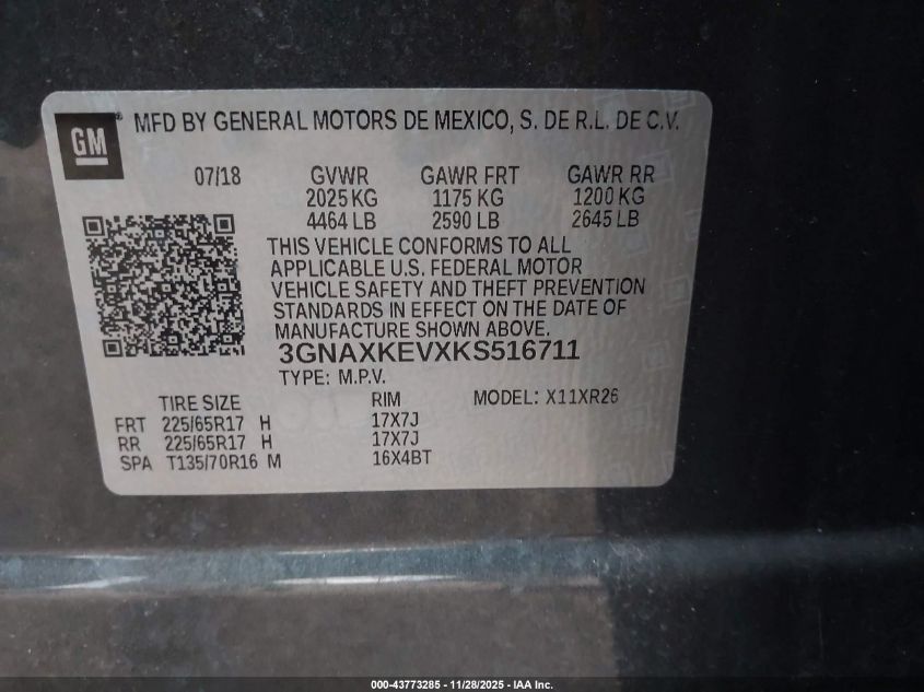 2019 Chevrolet Equinox Lt VIN: 3GNAXKEVXKS516711 Lot: 43773285