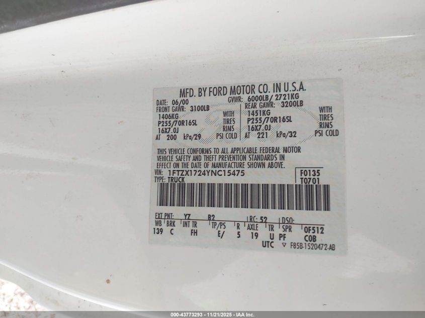 2000 Ford F-150 Work Series/Xl/Xlt VIN: 1FTZX1724YNC15475 Lot: 43773293