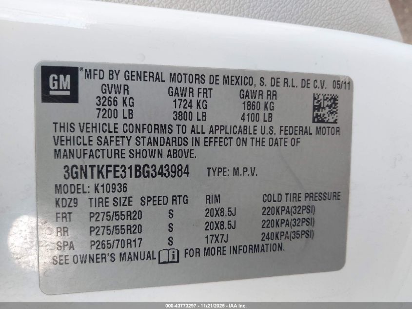 2011 Chevrolet Avalanche 1500 Lt1 VIN: 3GNTKFE31BG343984 Lot: 43773297