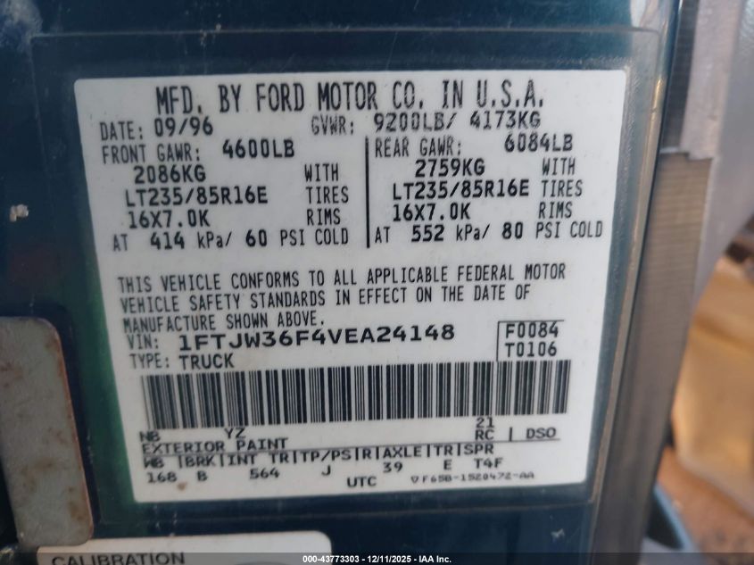 1997 Ford F-350 Xl VIN: 1FTJW36F4VEA24148 Lot: 43773303