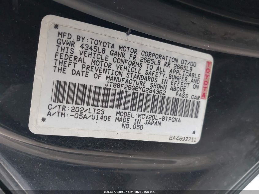 2000 Lexus Es 300 VIN: JT8BF28G6Y0284362 Lot: 43773304