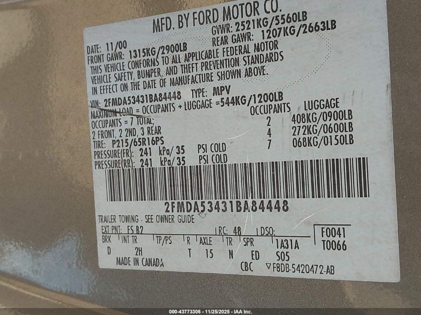 2001 Ford Windstar Sel VIN: 2FMDA53431BA84448 Lot: 43773306