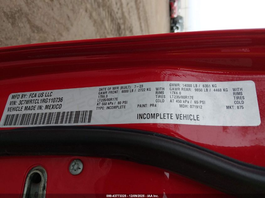 2024 Ram 3500 Chassis Tradesman/Slt/Laramie/Limited VIN: 3C7WRTCL1RG110736 Lot: 43773325