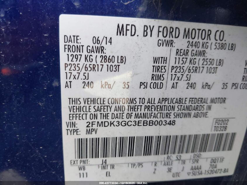 2014 Ford Edge Se VIN: 2FMDK3GC3EBB00348 Lot: 43773334