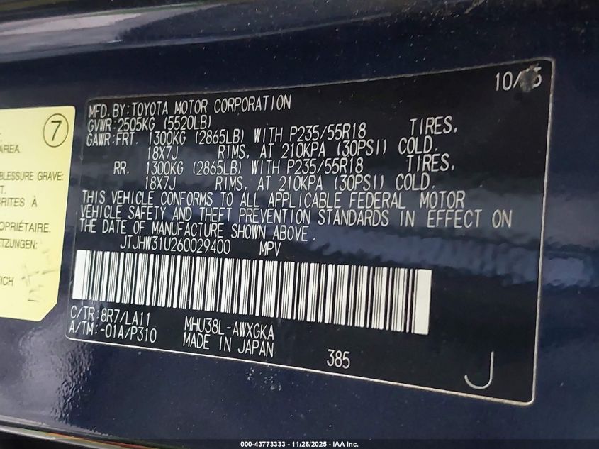 2006 Lexus Rx 400H VIN: JTJHW31U260029400 Lot: 43773333