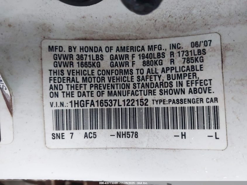 2007 Honda Civic Lx VIN: 1HGFA16537L122152 Lot: 43773359