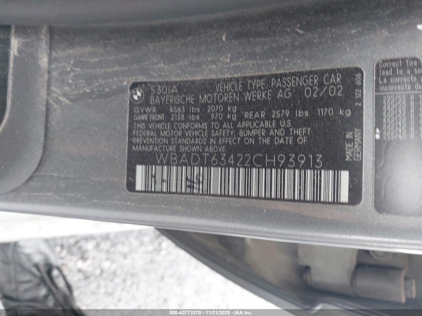 2002 BMW 530Ia VIN: WBADT63422CH93913 Lot: 43773370