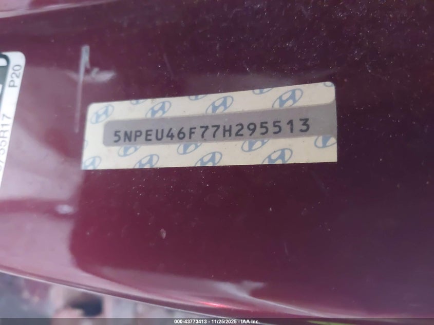 5NPEU46F77H295513 2007 HYUNDAI SONATA photo no. 9