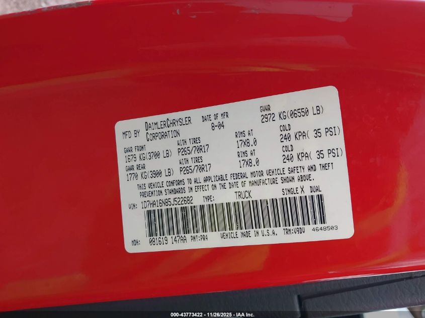 2005 Dodge Ram 1500 Slt/Laramie VIN: 1D7HA16N85J522682 Lot: 43773422