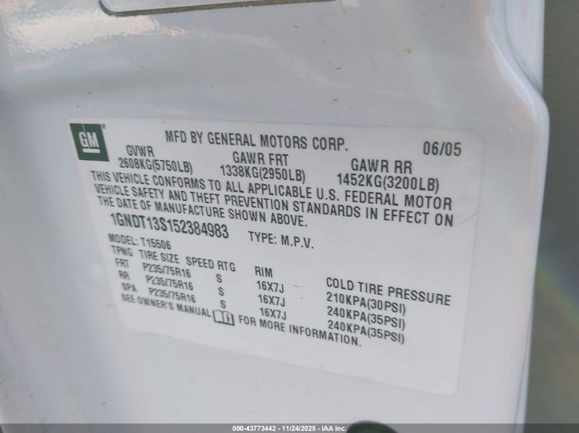 2005 Chevrolet Trailblazer Ls VIN: 1GNDT13S152384983 Lot: 43773442