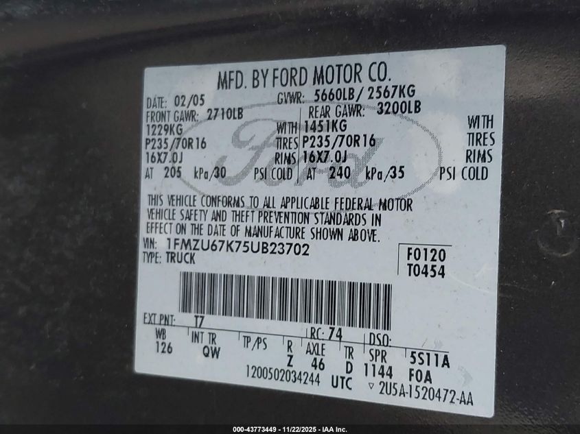 2005 Ford Explorer Sport Trac Adrenalin/Xls/Xlt VIN: 1FMZU67K75UB23702 Lot: 43773449