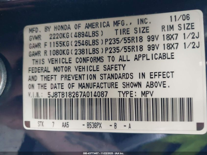 2007 Acura Rdx VIN: 5J8TB18267A014087 Lot: 43773457