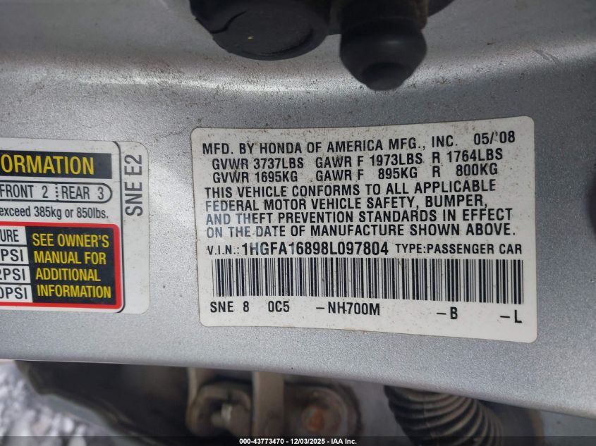 2008 Honda Civic Ex VIN: 1HGFA16898L097804 Lot: 43773470