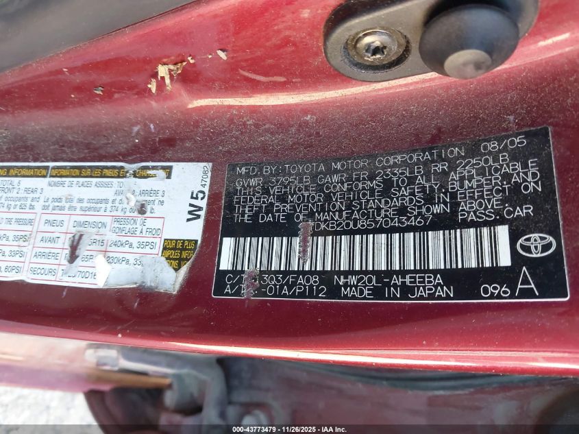 2005 Toyota Prius VIN: JTDKB20U857043467 Lot: 43773479