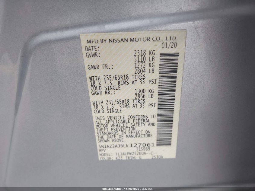 2020 Nissan Murano S Fwd VIN: 5N1AZ2AJ6LN127061 Lot: 43773480