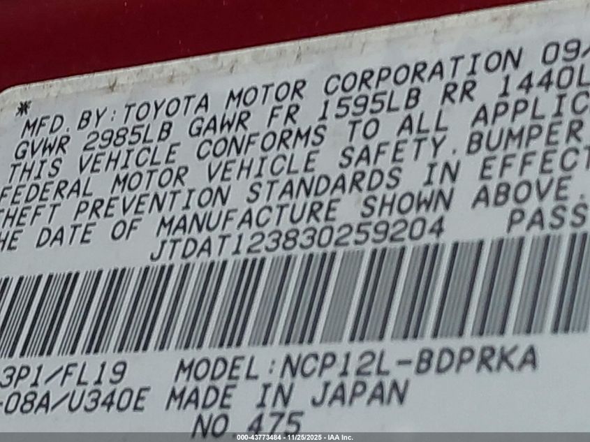 2003 Toyota Echo VIN: JTDAT123830259204 Lot: 43773484