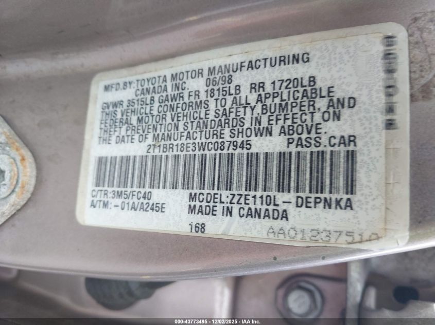 1998 Toyota Corolla Le VIN: 2T1BR18E3WC087945 Lot: 43773495