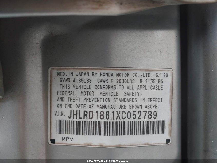 1999 Honda Cr-V Ex VIN: JHLRD1861XC052789 Lot: 43773497