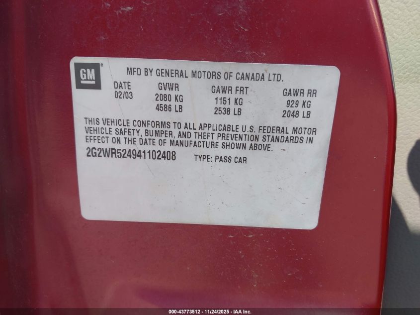 2004 Pontiac Grand Prix Gtp VIN: 2G2WR524941102408 Lot: 43773512