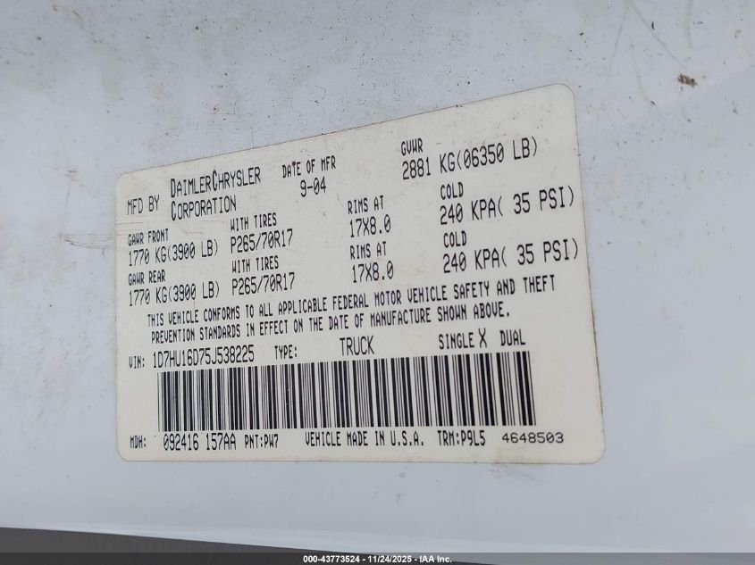 2005 Dodge Ram 1500 St VIN: 1D7HU16D75J538225 Lot: 43773524